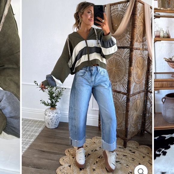 POL Colorblock Olive White Blue Striped 100% Cotton Zip Up Hoodie Boutique Boho - Picture 6 of 13